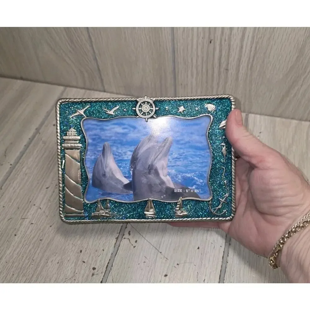 Pewter And Enamel Nautical Dolphins Picture Frame 3.5x 5 Lighthouse Seagulls